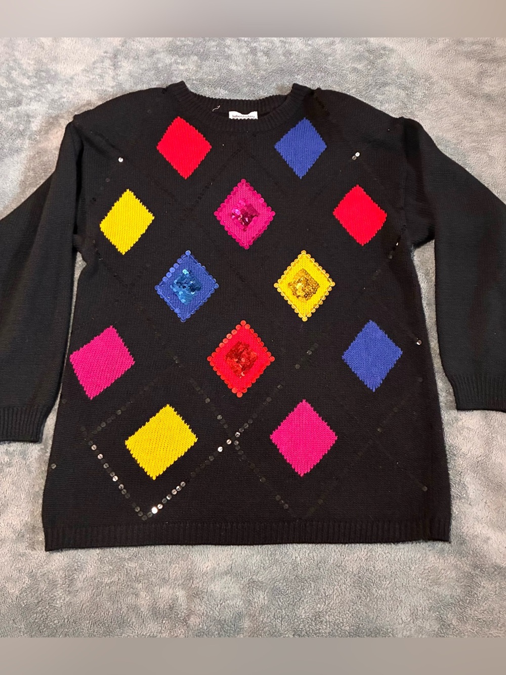 Haberdashery By Leslie Fay Womans Sweater Black Geometric L Sequin Vintage 90s